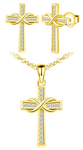 Yumilok Damen Kreuz Halskette 925 Sterlingsilber und Unendlichkeit Kette Damen Ohrstecker Ohrringe Anhänger Schmuck Set für Frauen Mädchen Gold von Yumilok