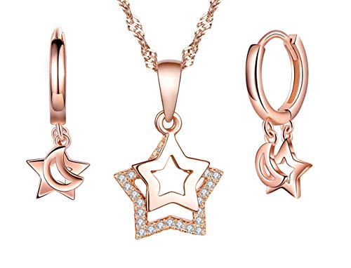 Yumilok 925 Sterling Silber Damen Halskette Creolen Ohrringe mit Anhänger Stern Mond Zirkonia Schmuck Set Roségold für Frauen Mädchen von Yumilok