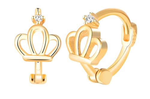 Yumilok Damen Ohrringe Ohrstecker Krone creolen klein Zirkonia 925 Sterling Silber Huggie Piercings Earcuffs Für Frauen Gold von Yumilok