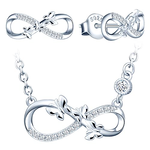 Yumilok Damen Halskette 925 Sterling Silber mit Unendlichkeit Anhänger, Zirkonia Schmetterling Set Ohrringe für Frauen Silber von Yumilok
