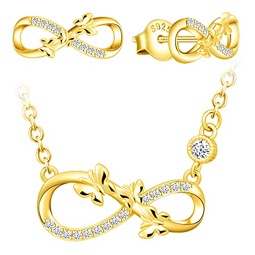 Yumilok Damen Kette 925er Sterling Silber Damen Halskette mit Unendlichkeit Anhänger Zirkonia Schmetterling Set Damen Ohrstecker Ohrringe für Mädchen Frauen Gold von Yumilok