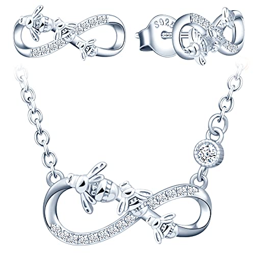Yumilok Unendlichkeit Kette Damen Halskette 925 Sterling Silber mit Biene Anhänger Ohrringe Damen Ohrstecker Kette Schmuck Set Frauen Mädchen von Yumilok