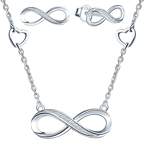 Yumilok Damen Ohrringe Schmucksets 925 Sterling Silber Herz Zirkonia Infinity Symbol Unendlichkeit Halskette Kette mit Anhänger für Damen Kinder von Yumilok