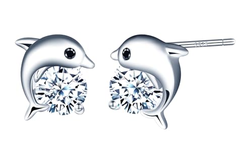 Yumilok Damen Ohrringe aus 925 Sterling Silber Delphin Ohrringe Tier Ohrstecker Zirkonia Hoop Huggie Gestüt Piercing Ohrringe Ohrschmuck für Mädchen Frauen von Yumilok