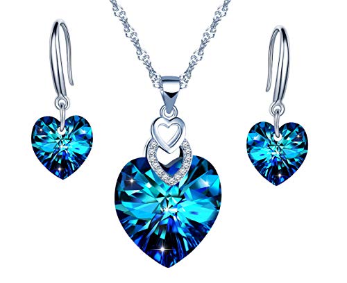 Yumilok 925 Sterling Silber Damen Halskette Kette mit Anhänger Blau Zirkonia Strass "Herz des Ozeans" Ohrstecker Ohrringe Piercing Ohrgehänger Schmuck Set für Frauen Mädchen von Yumilok