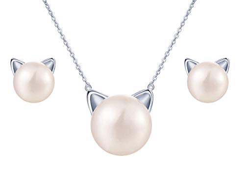 Yumilok 925 Sterling Silber Damen Halskette Kette mit Anhänge Katze Kätzchen Perlen Ohrstecker Ohrringe Piercing Ohrhänger Schmuck Set für Frauen Mädchen von Yumilok