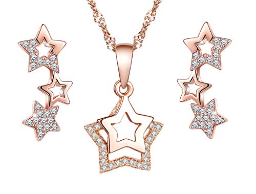 Yumilok Damen-Ohrstecker Halskette Kette mit Pentagram Stern Sternchen Mond Anhänger Zirkonia Ohrringe Creolen Schmucksets Geschenk für Frauen Mädchen Roségold von Yumilok