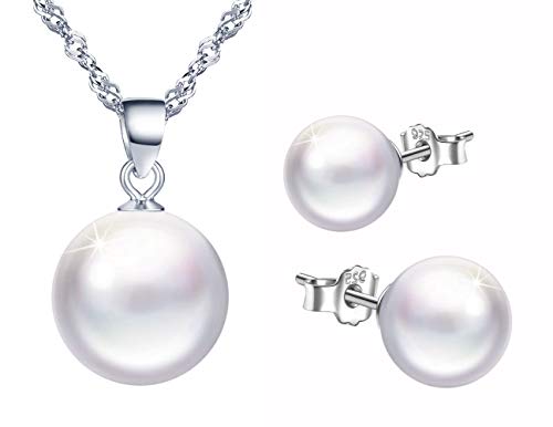 Yumilok 925 Sterling Silber Damen Halskette Kette mit Perlen Anhänger Ohrstecker Ohrringe Piercing Ohrhänger Schmuck Set für Frauen Mädchen von Yumilok