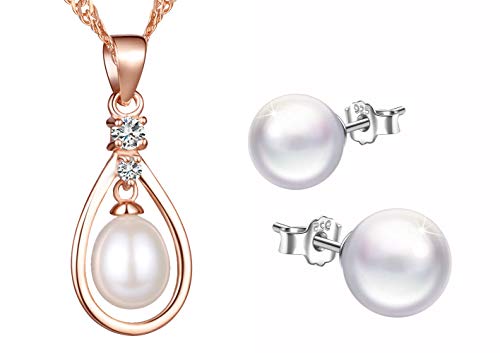Yumilok Damen-Ohrstecker Halskette Kette mit Perlen Träne Tropfen Anhänger Ohrstecker Ohrringe Piercing Ohrhänger Schmucksets 925 Sterling Silber für Geschenk Frauen Mädchen von Yumilok