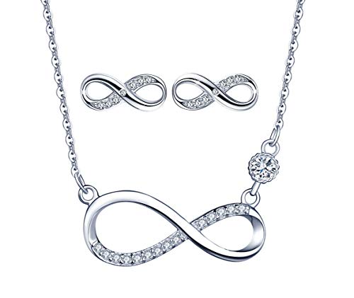 Yumilok 925 Sterling Silber Damen Halskette Kette mit Unendlichkeit Infinity Symbol Anhänger Zirkonia Ohrstecker Ohrringe Creolen Schmuck Set für Frauen Mädchen Roségold von Yumilok