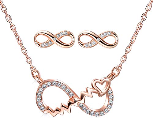 Yumilok Damen-Ohrstecker Halskette Kette mit Unendlichkeit Infinity Symbol Herz Herzschlag Anhänger Zirkonia Ohrringe Creolen Schmucksets 925 Sterling Silber Geschenk für Frauen Mädchen Roségold von Yumilok