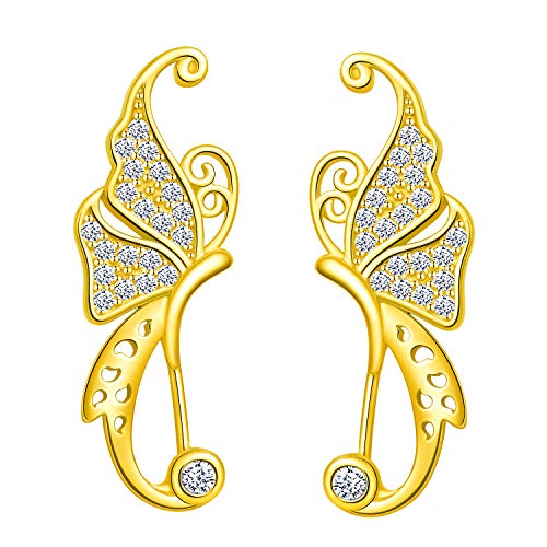 Yumilok Damen Ohrstecker Knorpel Schmuck Ohrklemme Ohrringe Ohrclip 925er Sterling Silber Schmetterling Mädchen-Ohrstecker Gold Zirkonia von Yumilok