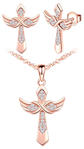 Yumilok Kreuz Kette 925 Sterling Silber amen Halskette Unendlichkeit Flügel Anhänger Damen Ohrringe Ohrstecker Set für Damen von Yumilok