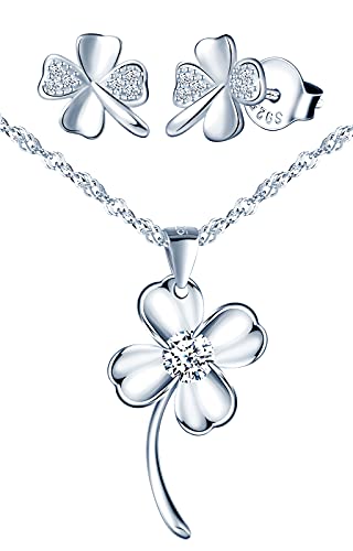 Yumilok Damen Schmuck Set 4 Blättriges Kleeblatt Ohrringe Halskette 925 Sterling Silber Stecker mit Weiß Zirkonia Glücksbringer von Yumilok