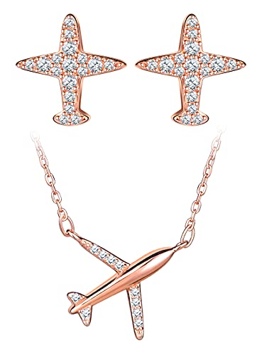 Yumilok Damen Schmuck Set Schmuckset Halskette Ohrringe Kette Set Zirkonia mit Flugzeug Anhänger in 925 Sterling Silber von Yumilok