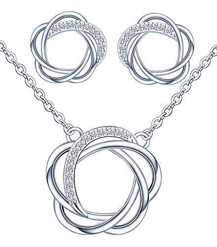 Yumilok Damen Schmuck Set Twist Kreis Ohrringe Halskette 925 Sterling Silber Ohrringe mit Weiß Zirkonia Allergiefrei Blumen von Yumilok