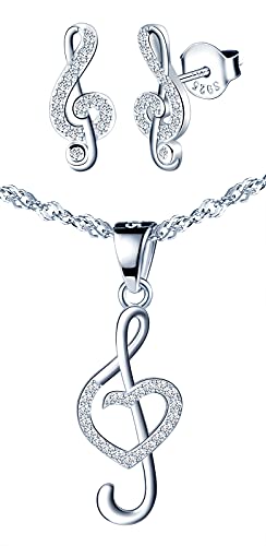 Yumilok Damen Schmuck-Set mit Halskette und Ohrringen Set in 925 Sterling Silber Zirkonia Musik-Note Anhänger von Yumilok