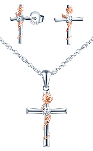 Yumilok Damen Schmuckset Halskette Kette Ohrringe Set Zirkonia Kreuz Rose Halskette mit Ohrringe für Sie Geburtstags Valentinstag Muttertag von Yumilok