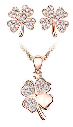 Yumilok Damen Schmuckset Halskette Ohrringe Set Kleeblatt Kette Ohrstecker in 925 Sterling Silber Zirkonia von Yumilok
