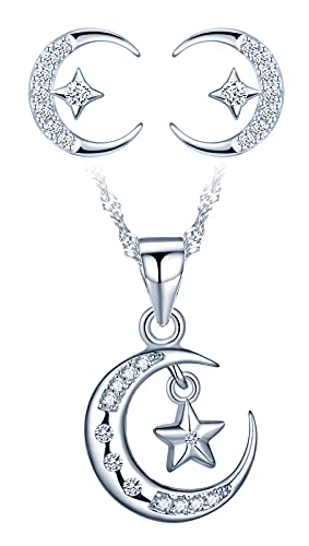 Yumilok Damen Schmuckset Halskette Ohrringe Set Mond Stern Kette Ohrstecker in 925 Sterling Silber mit Zirkonia Allergenfrei für Mädchen von Yumilok