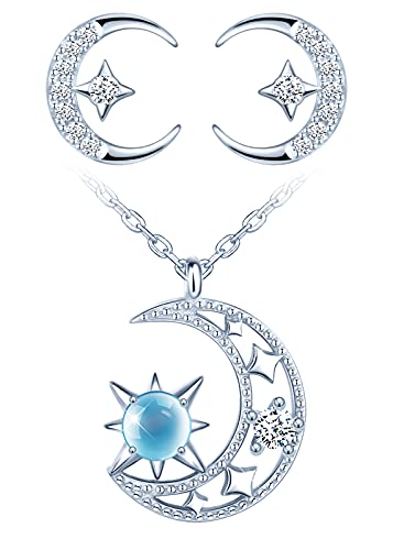 Yumilok Damen Schmuckset Halskette Ohrringe Set Mond Stern Kette Ohrstecker in 925 Sterling Silber mit Zirkonia Kristallen für Frauen von Yumilok