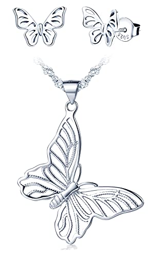 Yumilok Damen Schmuckset Halskette Ohrringe Set Schmetterling Kette Ohrstecker in 925 Sterling Silber von Yumilok