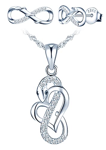 Yumilok Damen Schmuckset Halskette Ohrringe Set Unendlichkeit Herz Schlange Kette Ohrstecker in 925 Sterling Silber Zirkonia von Yumilok