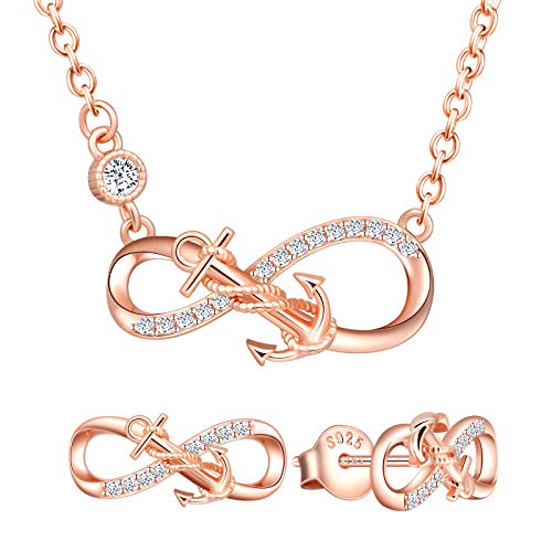 Yumilok Damen Schmuckset Halskette mit Anker Unendlichkeit Anhänger & Damen Ohrstecker Ohrringe aus 925 Sterling Silber Roségold von Yumilok