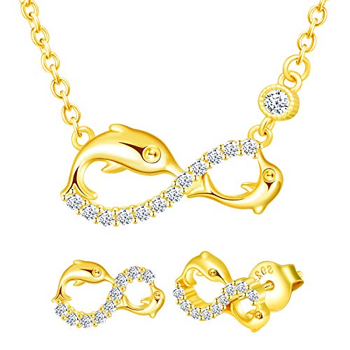 Yumilok Damen Schmuckset Halskette mit Delfin Unendlichkeit Liebe Zirkonia Anhänger & Damen Ohrstecker Ohrringe aus 925 Sterling Silber Gold von Yumilok