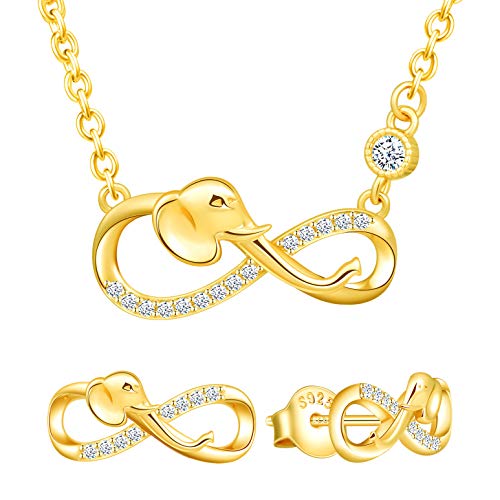 Yumilok Damen Schmuckset Halskette mit Elefant Unendlichkeit Anhänger & Damen Ohrstecker Ohrringe aus 925 Sterling Silber Gold von Yumilok