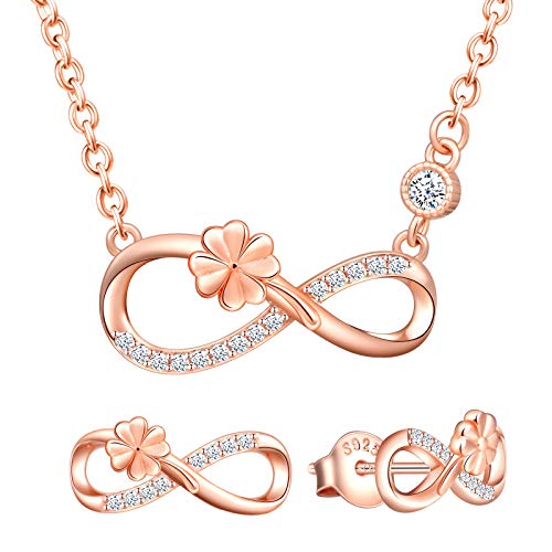 Yumilok Damen Schmuckset Halskette mit Kleeblatt Vier Kleeblatt Glücksklee Unendlichkeit Anhänger & Damen Ohrstecker Ohrringe aus 925 Sterling Silber Roségold von Yumilok