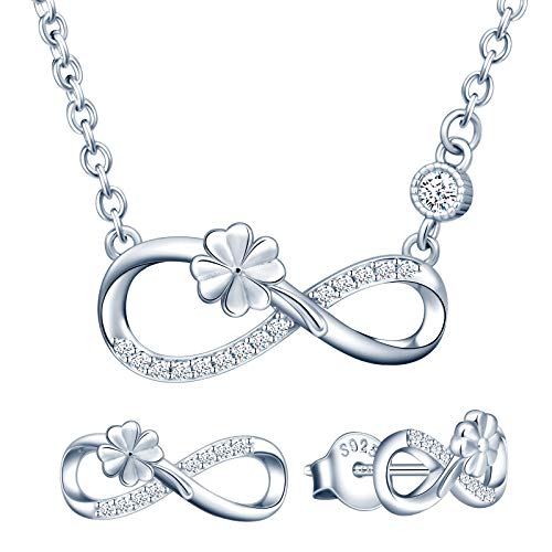 Yumilok Damen Schmuckset Halskette mit Kleeblatt Vier Kleeblatt Glücksklee Unendlichkeit Anhänger & Damen Ohrstecker Ohrringe aus 925 Sterling Silber von Yumilok