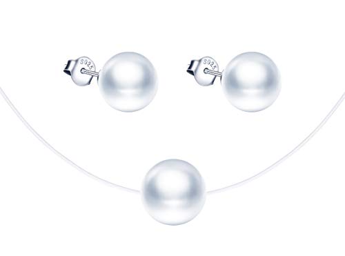 Yumilok Damen Schmuckset Halskette mit Perlen Anhänger & Perlen Ohrstecker Ohrringe aus 925 Sterling Silber von Yumilok