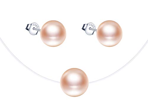 Yumilok Damen Schmuckset Halskette mit Rosa Perlen Anhänger & Damen Perlen Ohrstecker Ohrringe aus 925 Sterling Silber von Yumilok