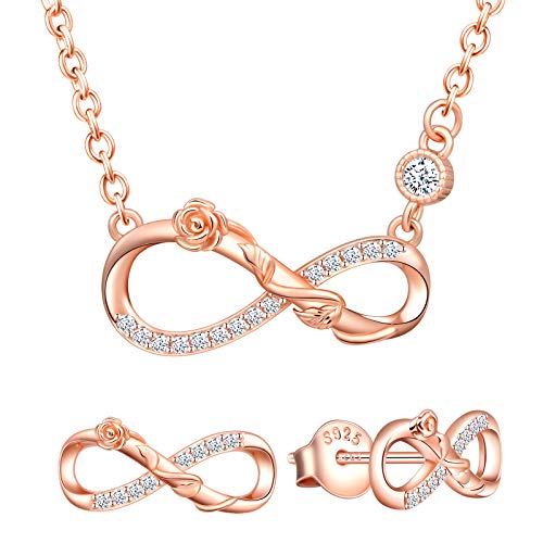 Yumilok Damen Schmuckset Halskette mit Rose Unendlichkeit Anhänger & Damen Ohrstecker Ohrringe aus 925 Sterling Silber Roségold von Yumilok