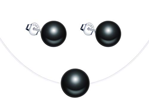 Yumilok Damen Schmuckset Halskette mit schwarz Perlen Anhänger & Perlen Ohrstecker Ohrringe aus 925 Sterling Silber von Yumilok