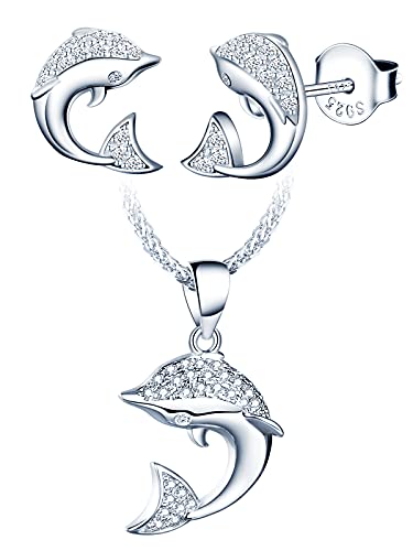 Yumilok Damen Schmuckset für Damen Halskette & Ohrringe Set Delfin Anhänger Kette Ohrstecker in 925 Sterling Silber für Frauen von Yumilok