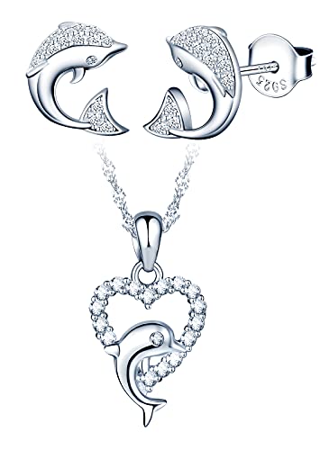 Yumilok Damen Schmuckset für Damen Halskette & Ohrringe Set Delfin Herz Anhänger Kette Ohrstecker in 925 Sterling Silber für Frauen Mutter von Yumilok