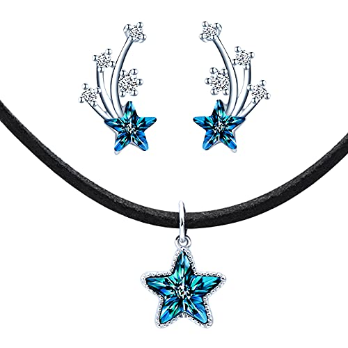 Yumilok Damen Schmuckset halsband Halskette Ohrringe Set Kette in 925 Sterling Silber Blau Kristallen Stern mit Zirkonia von Yumilok