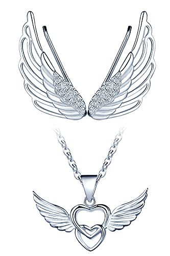 Yumilok Damen Schmuckset mit Engelsflügel Anhänger Herz in 925 Sterling Silber Halskette Ohrringe Set Kette für Damen Mädchen Geschenk von Yumilok