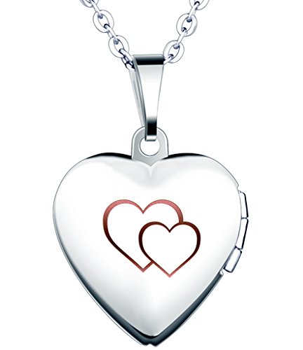 Yumilok Edelstahl Doppel Herzen Foto Medaillon zum Öffnen Photo Bilder Amulett Silberfarben Rosa Herzanhänger Halskette Kettenanhänger für Damen Mädchen von Yumilok