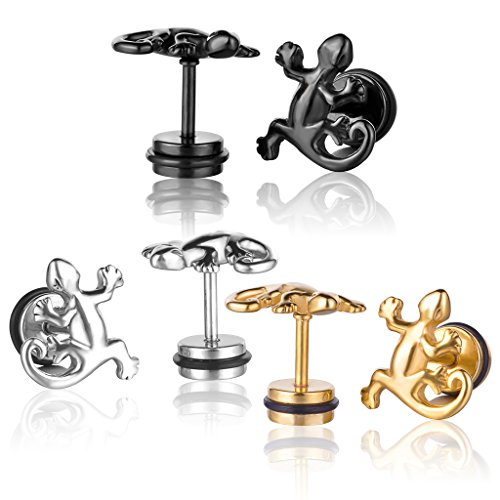 Yumilok Edelstahl Gecko Echsen Eidechse Gestüt Stecker Ohrstecker Piercing Ohrringe Hypoallergen Ohrschmuck für Damen Herren, 3 Paare(Schwarz, Silber, Gold) von Yumilok