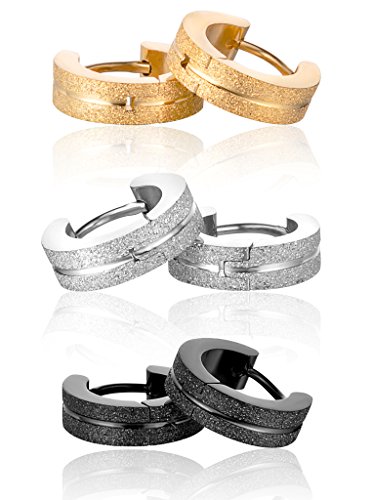 Yumilok Edelstahl Matt Klapp-Creolen Ohrstecker Ohrringe Hypoallergen Ohrschmuck für Damen Herren Kinder, 3 Paare(Schwarz, Gold, Silber) von Yumilok