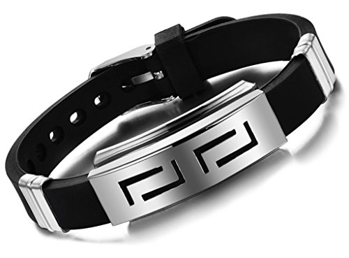 Yumilok Edelstahl Silikon Herren Manschette Armband Labyrinth Verstellbar Armreif Punk Rock Ritter Armschmuck, Schwarz+Silber von Yumilok