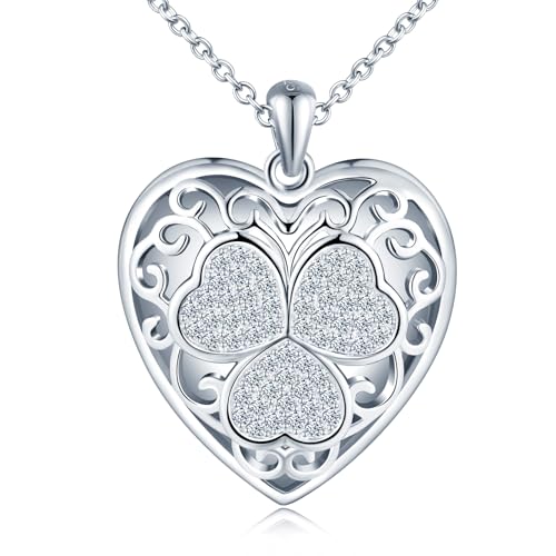 Yumilok Halskette Damen Kette Silber 925 Herz Anhänger Klee Weiß Herz Medaillon zum Öffnen für Bilder von Yumilok