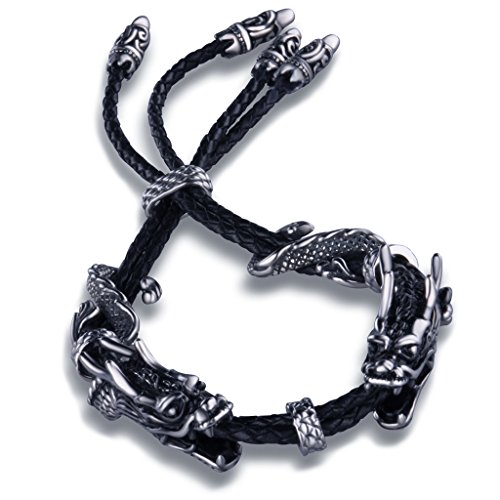 Yumilok Herrenarmband Echtlederarmband Leder geflochten Armreif Drachen Armschmuck für Männer Schwarz Oxidiert Edelstahl von Yumilok