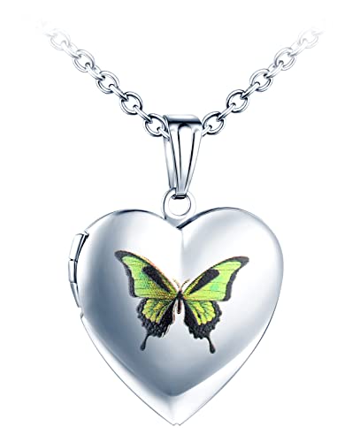 Yumilok Schmetterling Silber Halskette, Damen & Mädchen, Edelstahl, 50 cm, Personalisierte Foto Anhänger, Unisex, Klassisch, Herzform, Krappe, Poliert, Alltagstauglich, Schmuckbeutel inklusive von Yumilok