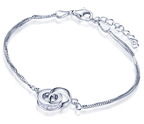 Yumilok Ineinander Verschlungene Ringe 925 Sterling Silber Zirkonia Charm-Armband Armkette Doppel Ketten für Damen Frauen Mädchen, 6.3-7.3" Verstellbar von Yumilok