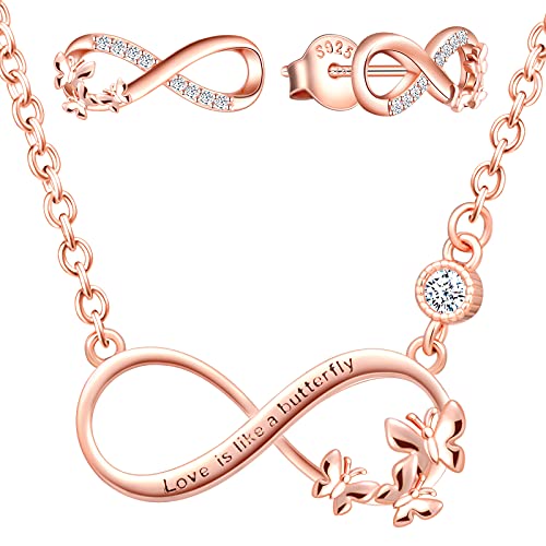 Yumilok Kette Damen 925 Silber Damen Halskette mit Unendlichkeit Anhänger Zirkonia Liebe Schmetterling Kette Damen Ohrstecker für Frauen Mutter BFF von Yumilok