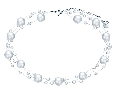 Yumilok Kette Damen Halskette Collier 925 Sterling Silber Choker Perle Mehrreihig für Damen Valentinstag von Yumilok